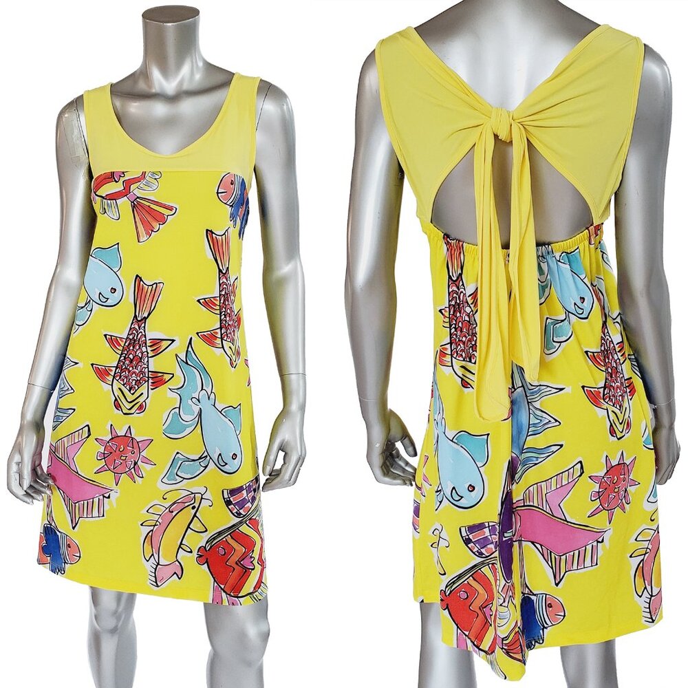 SAVE THE QUEEN SUN DRESS YELLOW FUN FISH PRINT SLEEVELESS sz S SMALL